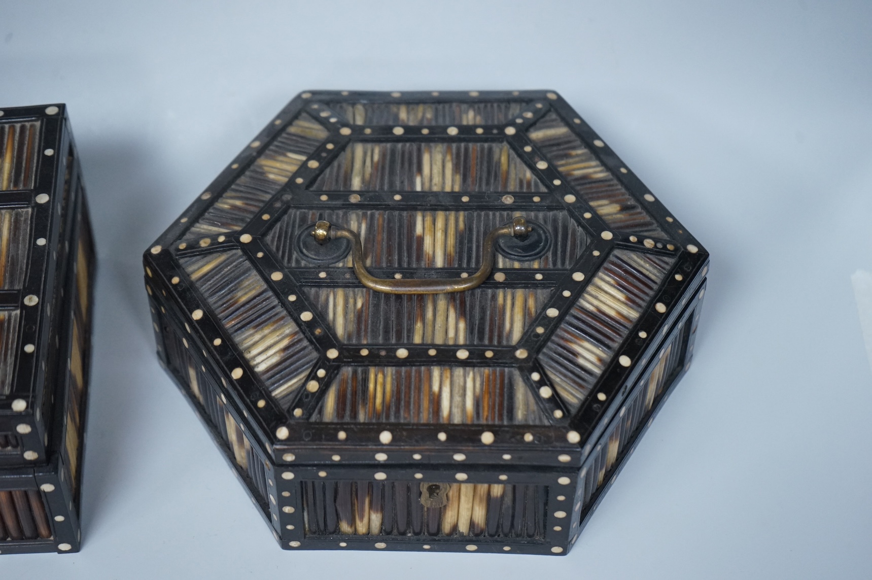 Two Ceylonese porcupine quill boxes, largest 20cm wide